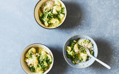 Thaise groene curry met kabeljauw, doperwten en verse kruiden